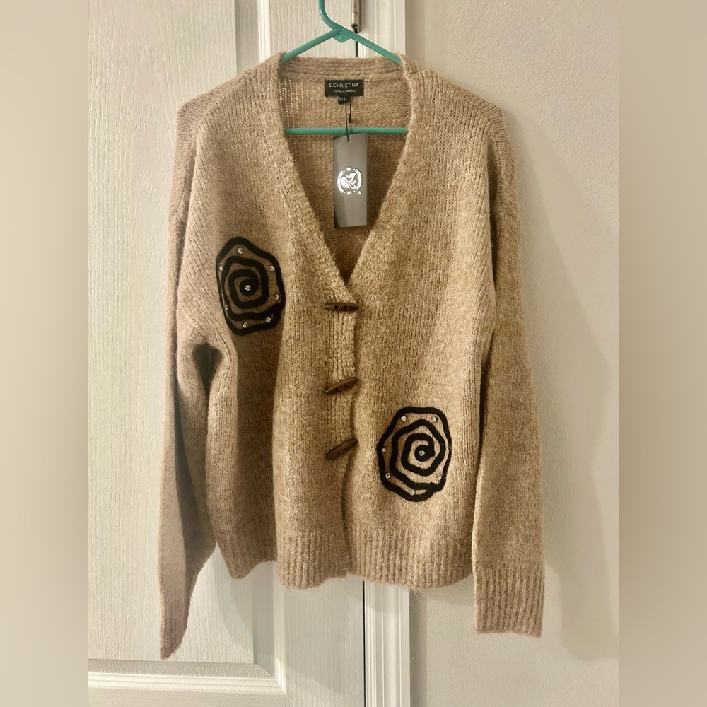 S. Christina Beige Cardigan with Black Spiral Accents